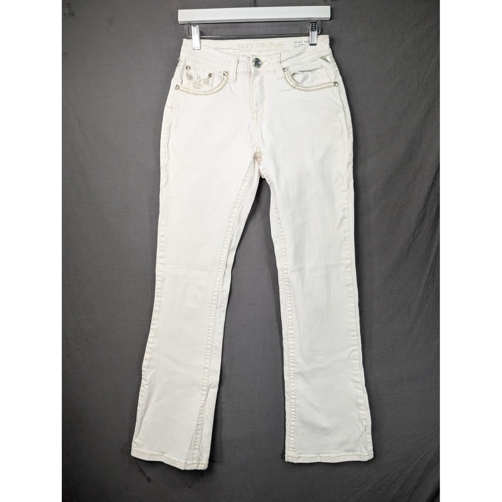 Sexy Couture White Bootcut Jeans Embellished Rhinestone Pockets Size 9